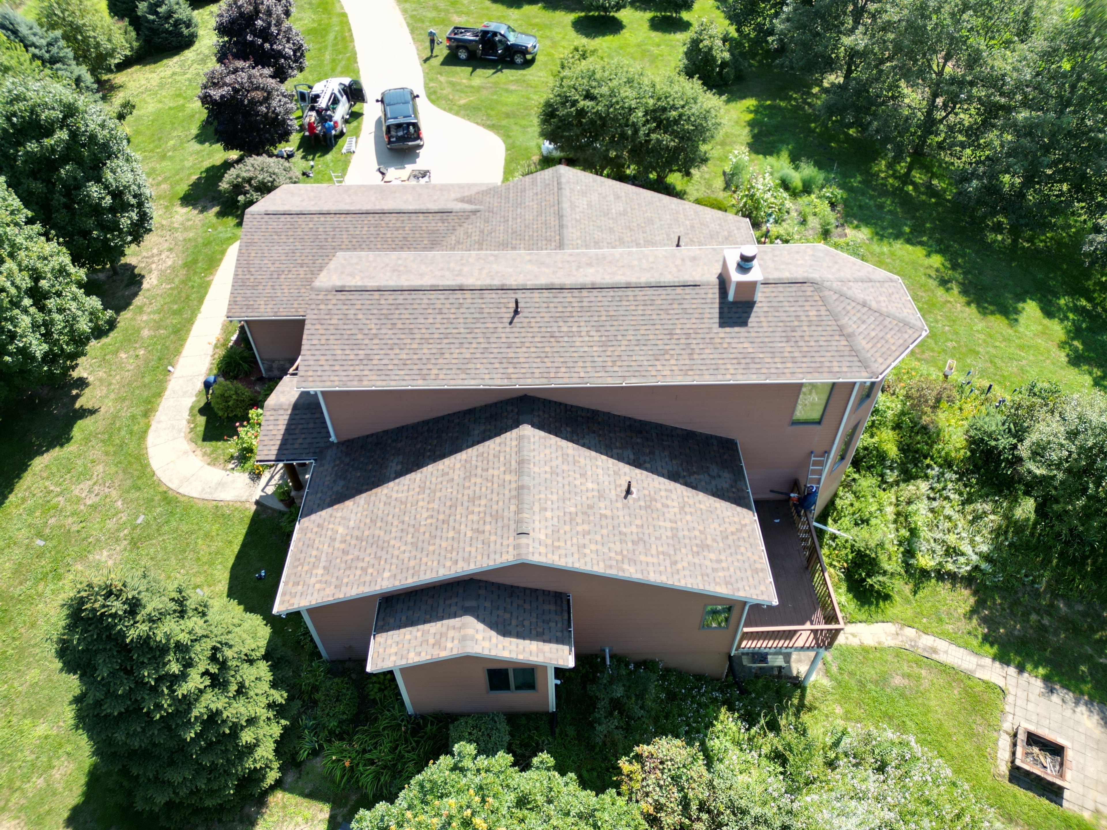 Drone shot of completed roof replacement