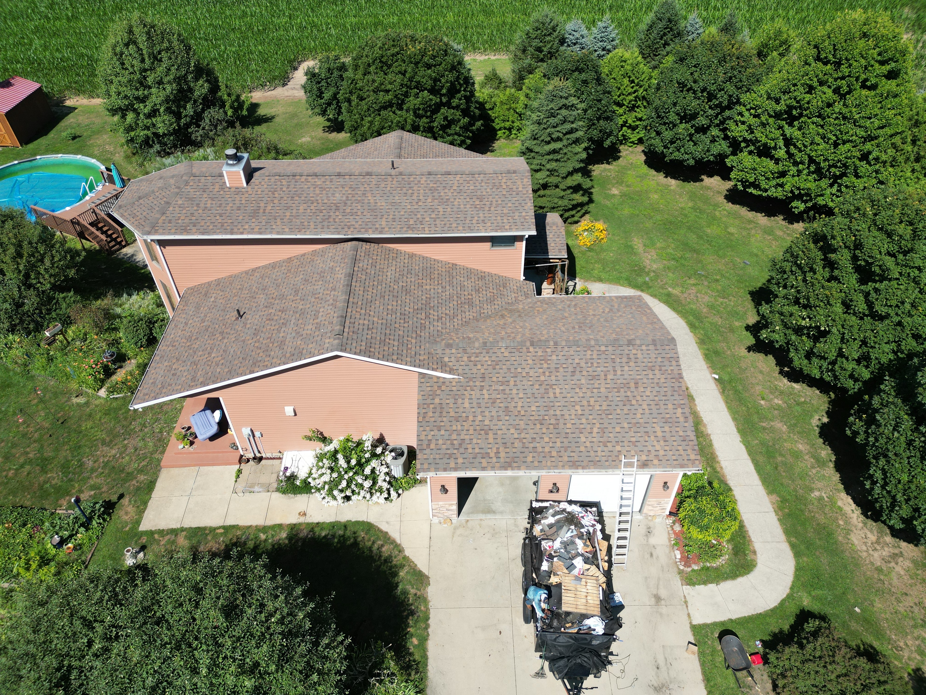 Aerial view of completed residential roof