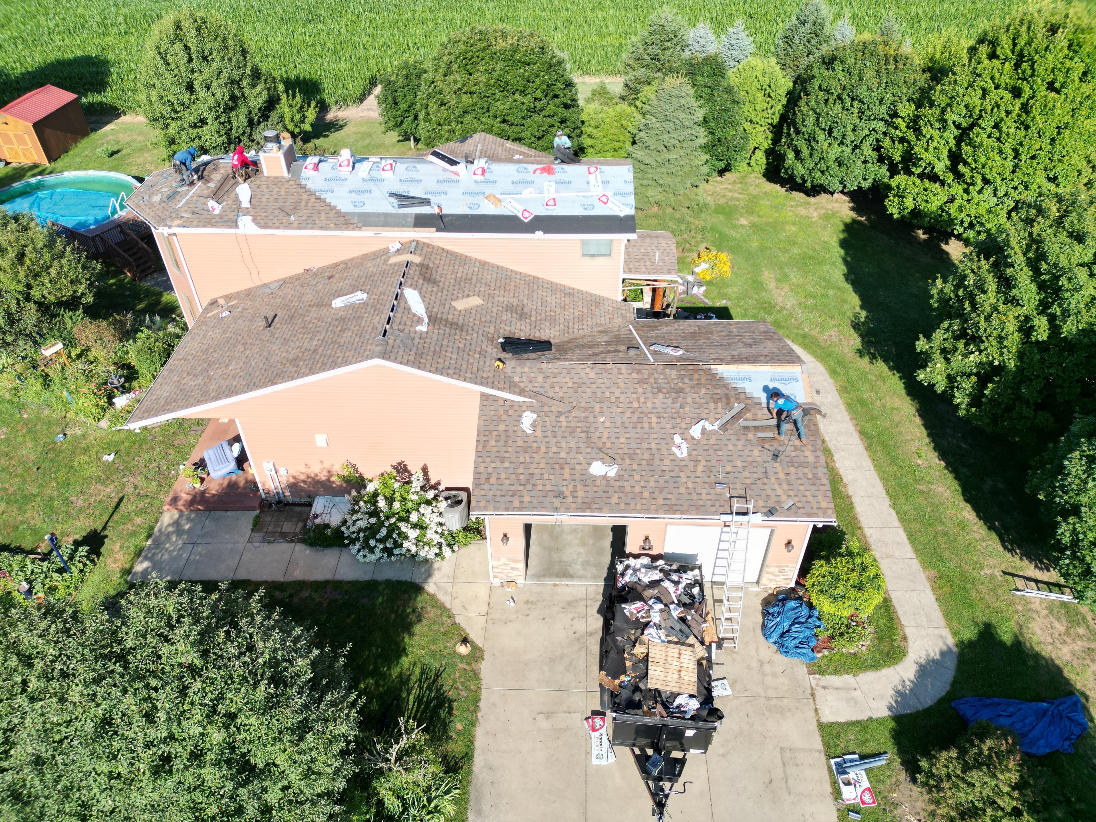 Drone photo of roofing crew at work