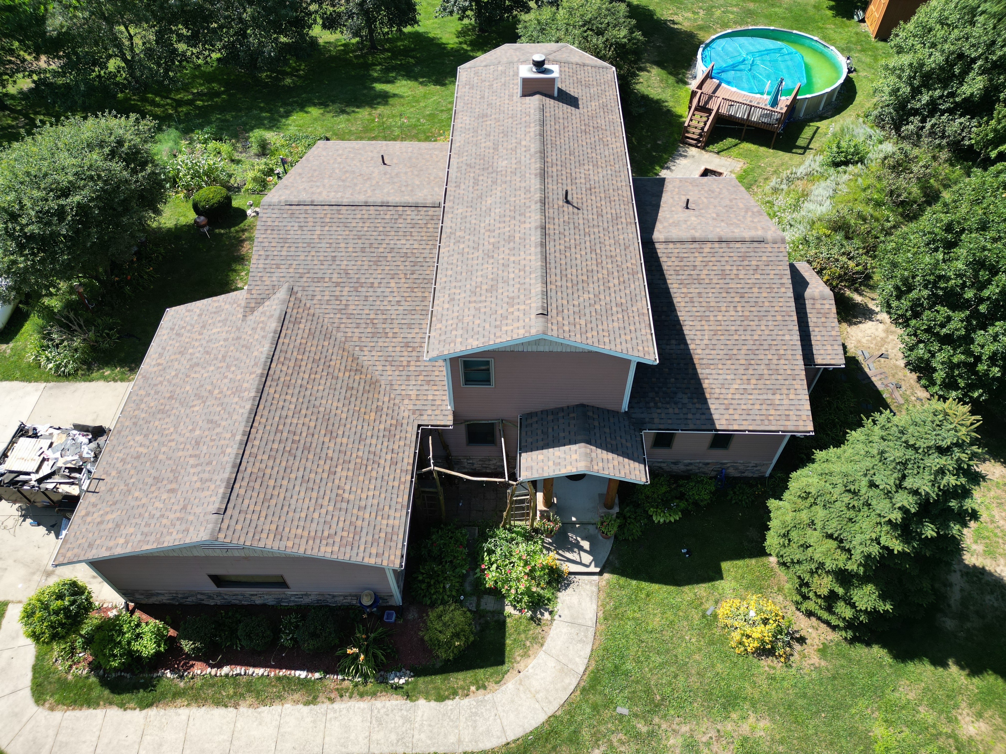 Aerial view of roof replacement in progress