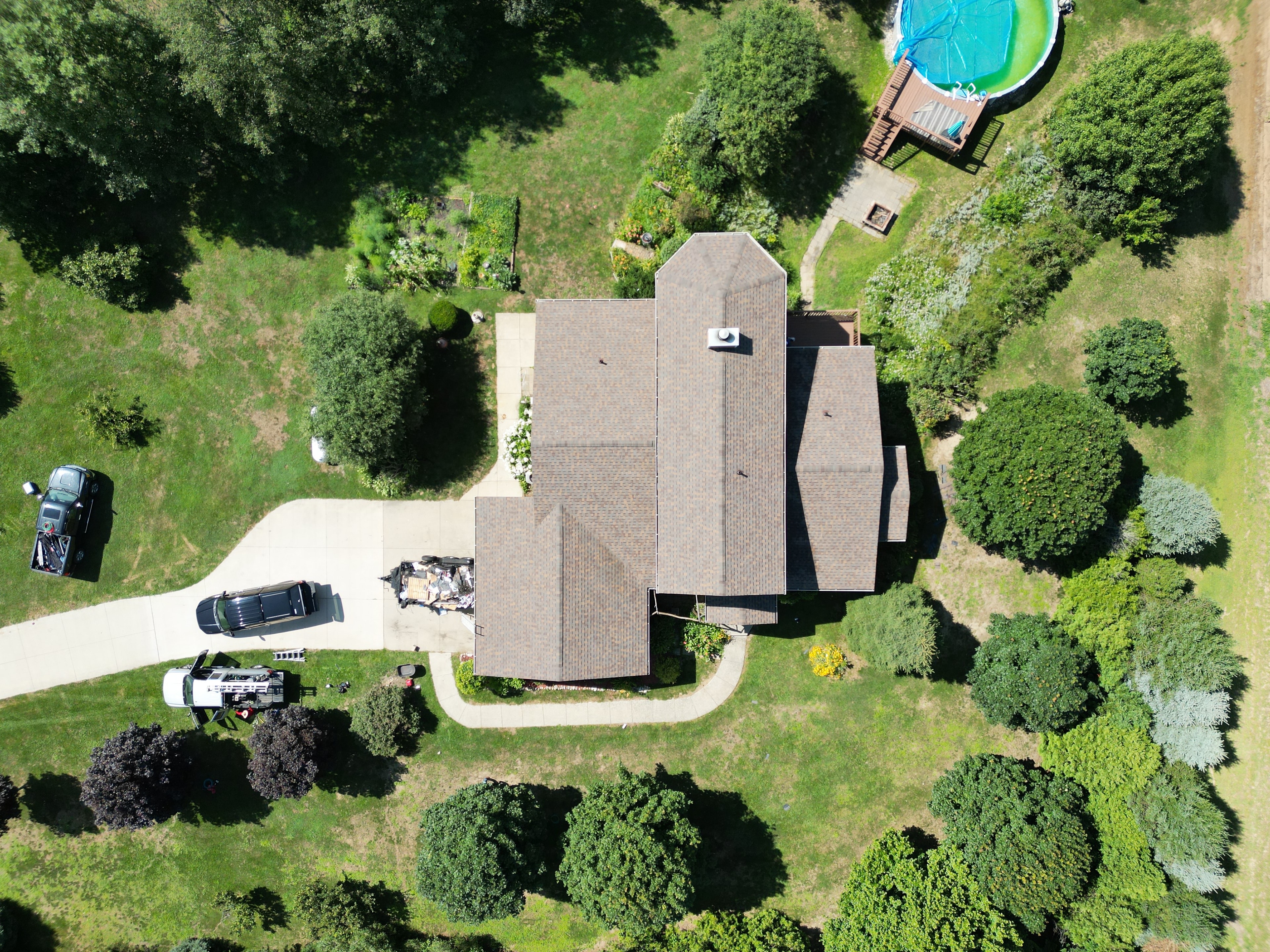 Aerial shot of finished roof replacement